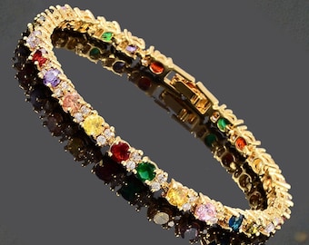 RIZILIA - Birthstone OCT-Multi Color Sapphire Tennis Bracelet & Round Cut CZ in Yellow/White Gold Plated, 7"