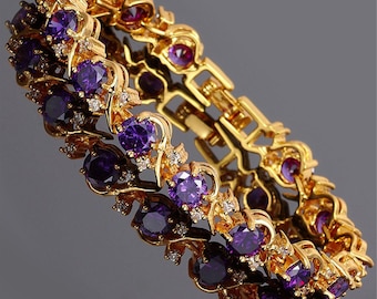 RIZILIA BLOSSOM February Birthstone Tennis Bracelet • Amethyst Purple CZ • 18K Gold/White Gold • 7"