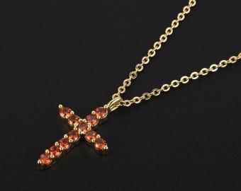 RIZILIA Not-Your-Basic Minimalist Cross Necklace 14K Gold Plated Dainty Faith Birthstone Pendant - Round Cut CZ in Multi Colors, 18" Chain