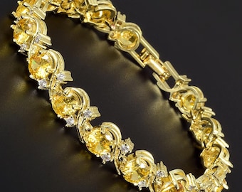 RIZILIA BLOSSOM November Birthstone Tennis Bracelet • Citrine Yellow CZ • 18K Gold/White Gold • 7"