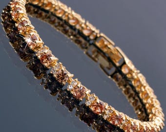RIZILIA - Birthstone NOV-Champagne Tennis Bracelet & Round Cut CZ in Yellow/White Gold Plated, 7"