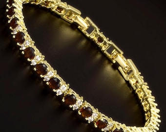 RIZILIA - Birthstone DEC-Brown Citrine Tennis Bracelet & Round Cut CZ in 14K Yellow Gold Plated, 7"