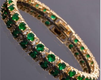 RIZILIA May Birthstone Tennis Bracelet • Emerald Green CZ • 18K Gold/White Gold • 7"