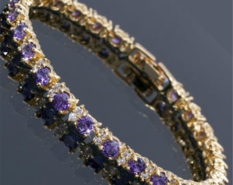 RIZILIA - Birthstone FEB-Purple Amethyst Tennis Bracelet & Round Cut CZ in Yellow/White Gold Plated, 7"