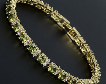 RIZILIA - Birthstone AUG-Peridot Tennis Bracelet & Round Cut CZ in Yellow/White Gold Plated, 7"