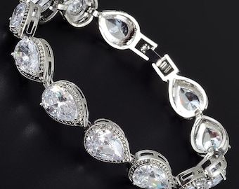 RIZILIA Tennis Bracelet & Pear Cut CZ in 18K White Gold Plated, 7"