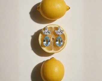 RIZILIA BLOSSOM Flower Dangle Earrings • 18K White Gold Plated Pear Cut CZ • Multi-Color Floral Drop Earrings • Gift for Women