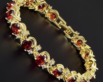 RIZILIA BLOSSOM January Birthstone Tennis Bracelet • Garnet Red CZ • 18K Gold/White Gold • 7"
