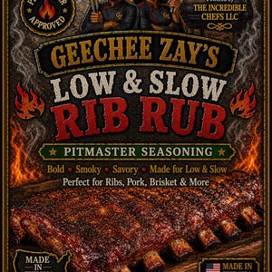May include: A product label for Geechee Zay's Low & Slow Rib Rub, with a graphic of cooked ribs. The label includes text such as "Pitmaster Approved" and "Made in the USA." The net weight is 354g.