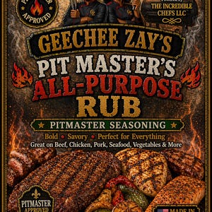 May include: A product label for Geechee Zay's Pit Master's All-Purpose Rub. The label features illustrations of a smiling man and woman chefs, and grilled meats and vegetables. The net weight is 354g. Made in the USA.