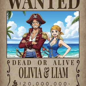 Custom One Piece–style wanted poster featuring two pirates on a sunny beach. The man wears a red coat and hat with gold trim, and the woman wears a blue vest and yellow bandana. Text reads “WANTED – Dead or Alive – Olivia & Liam – 120,000,000 Berries.