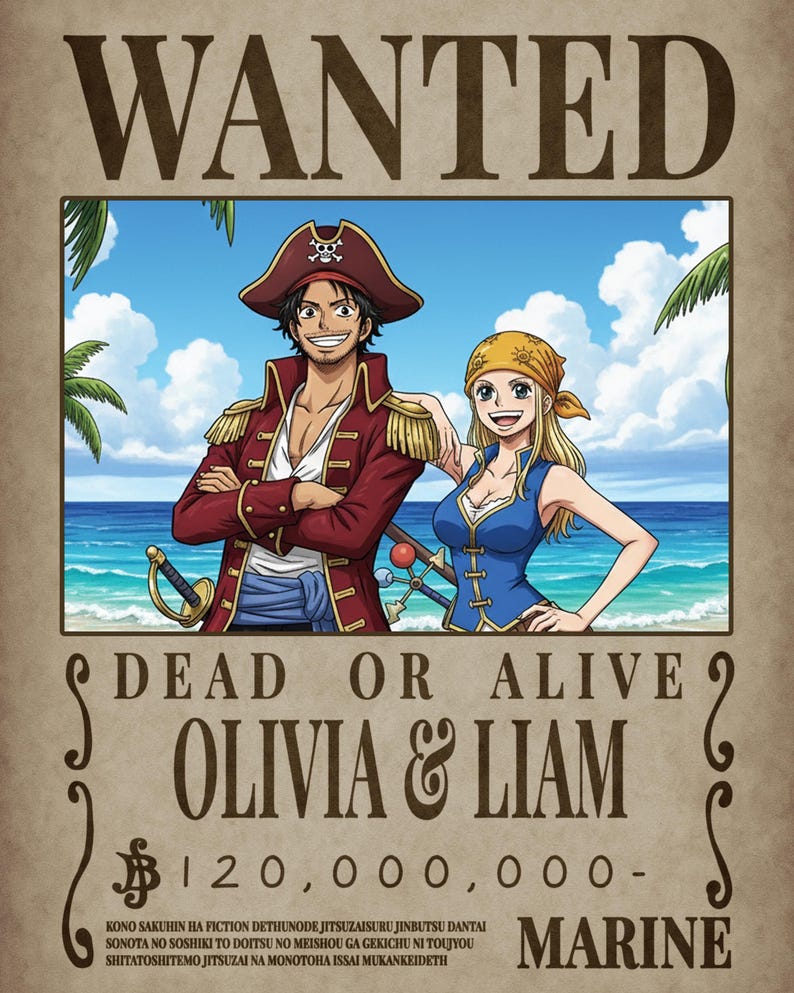 Custom One Piece–style wanted poster featuring two pirates on a sunny beach. The man wears a red coat and hat with gold trim, and the woman wears a blue vest and yellow bandana. Text reads “WANTED – Dead or Alive – Olivia & Liam – 120,000,000 Berries.
