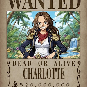 One Piece–inspired wanted poster of a female pirate captain in a navy and gold jacket standing in a lush tropical jungle with a waterfall behind her. Text reads “WANTED – Dead or Alive – Charlotte – 560,000,000 Berries.
