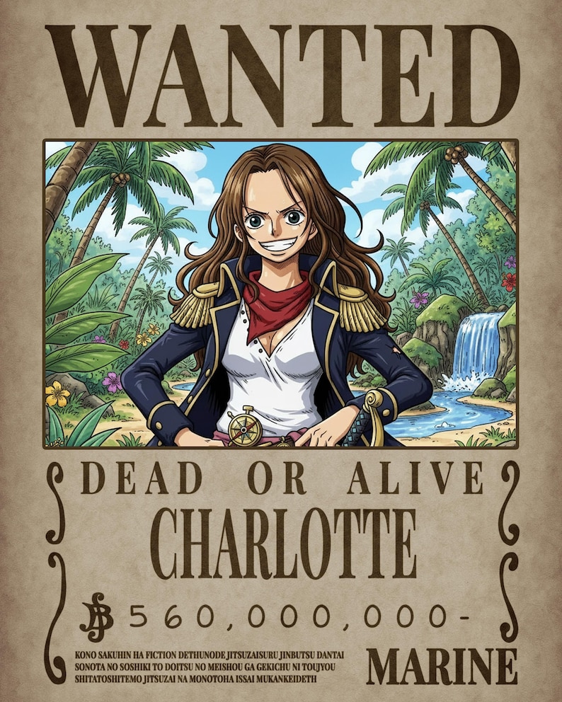 One Piece–inspired wanted poster of a female pirate captain in a navy and gold jacket standing in a lush tropical jungle with a waterfall behind her. Text reads “WANTED – Dead or Alive – Charlotte – 560,000,000 Berries.