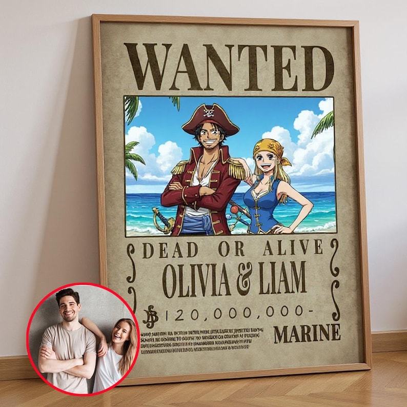 Framed One Piece–style wanted poster displayed on the floor showing a pirate couple on a tropical beach. A small inset photo shows the real-life couple smiling, used as a reference for the artwork.