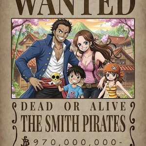 Family-themed One Piece–style wanted poster showing four pirates posing in a traditional Japanese village with cherry blossoms. Text reads “WANTED – Dead or Alive – The Smith Pirates – 970,000,000 Berries.
