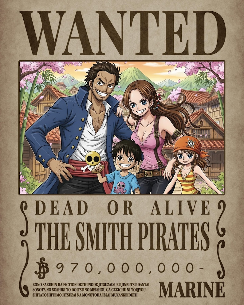 Family-themed One Piece–style wanted poster showing four pirates posing in a traditional Japanese village with cherry blossoms. Text reads “WANTED – Dead or Alive – The Smith Pirates – 970,000,000 Berries.