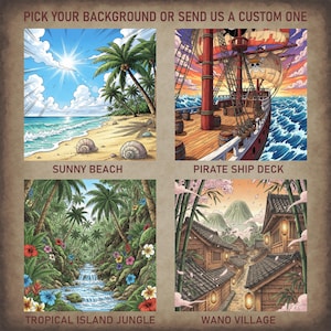 Background selection options for One Piece–style wanted posters, including Sunny Beach, Pirate Ship Deck, Tropical Island Jungle, and Wano Village, each illustrated in colorful anime style.