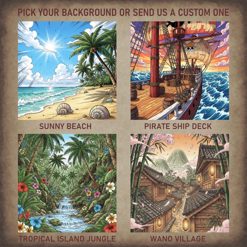 Background selection options for One Piece–style wanted posters, including Sunny Beach, Pirate Ship Deck, Tropical Island Jungle, and Wano Village, each illustrated in colorful anime style.
