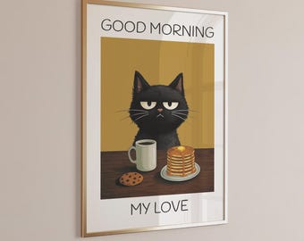 Funny Black Cat Breakfast Wall Art Print – Good Morning My Love Mustard Yellow Kitchen Decor with Pancakes and Coffee Cup