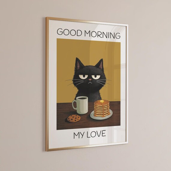 Funny Black Cat Breakfast Wall Art Print – Good Morning My Love Mustard Yellow Kitchen Decor with Pancakes and Coffee Cup