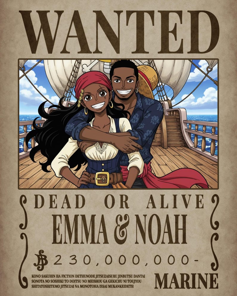 Personalized One Piece–style wanted poster of a smiling pirate couple standing together on a wooden ship deck under a bright sky. Text reads “WANTED – Dead or Alive – Emma & Noah – 230,000,000 Berries.”