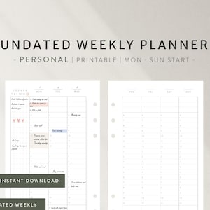 Puede incluir: Un planificador semanal sin fecha con un diseño minimalista. El planificador presenta una extensión de dos páginas con secciones para cada día de la semana, incluyendo espacio para notas y listas de tareas. El texto incluye "UNDATED WEEKLY PLANNER" y "PDF INSTANT DOWNLOAD."