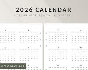 2026 A5 Monthly Calendar | Printable PDF | Jan–Dec on 2 Pages | A5 6-Hole Binder Planner Insert | Minimal 2026 Calendar | Digital Download