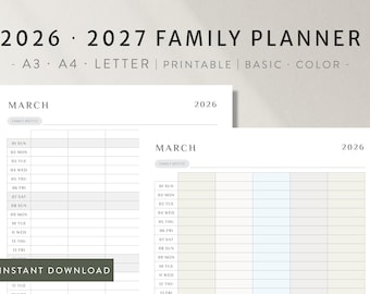 2026–2027 Monthly Family Calendar Printable | 5 Person Schedule | Household Wall Calendar | Busy Mom Organizer | Digital Download