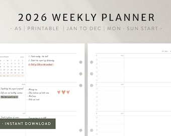 2026 Dated Weekly Planner PDF | Two-Page Layout WO2P | Minimal A5 Planner Insert | Minimalist Planner PDF | Checklist | Instant Download