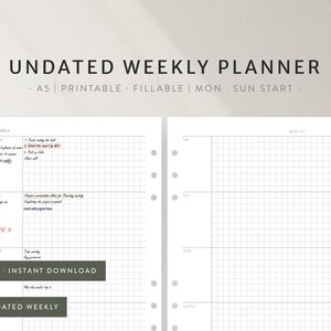 Op de afbeelding: Een ongedateerde weekplanner met een rasterindeling, ontworpen voor print of digitaal gebruik. De planner bevat secties voor dagelijkse taken en notities, met de tekst "UNDATED WEEKLY PLANNER". Het formaat is A5.