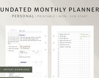 Personal Size Monthly Planner Insert Printable | Monthly Dashboard Planner, One Line A Day Memory, Priorities Checklist, Weekly Tracker