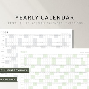 Calendario minimalista anual 2026 / Vista general del año en una página / Calendario de pared grande imprimible / Calendario gigante A1 A2 A3 PDF / Descarga digital