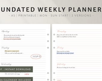 Undated Weekly Planner Printable | A5 Minimalist Journal (PDF Pattern)