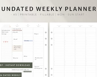 Undated Weekly Planner PDF | A5 Ring Planner Inserts | Printable Weekly Planner | Hourly & Week at a Glance | WO2P Layout | Digital Download
