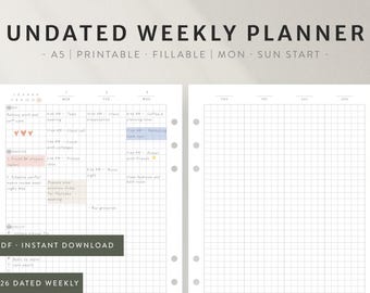 Undated Weekly Planner Printable | Minimalist 2-Page Spread (Digital Download)