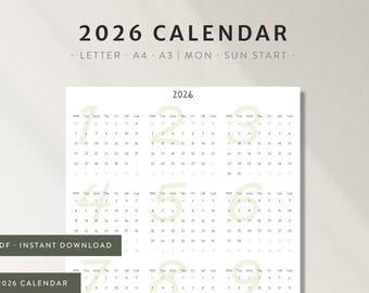 Printable 2026 Calendar | Warm Neutral Wall Calendar | Year at a Glance | One Page 365 Days | Digital Download PDF | A3 A4 Letter