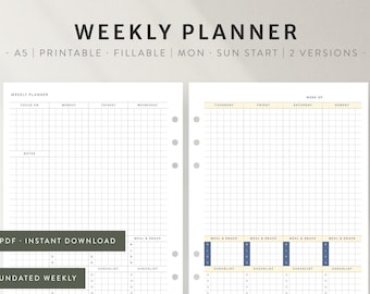 Undated Weekly Planner | A5 Printable Inserts | Week At a Glance | Editable Fillable PDF | Grid Layout Worksheet | Instant Digital Download