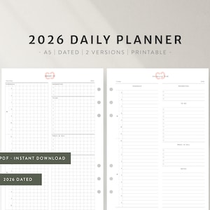 Könnte beinhalten: Ein weißer 2026 Daily Planner mit Rasterlayout, mit Abschnitten für Zeitplan, Prioritäten und Notizen. Der Planer ist im A5-Format, datiert und in zwei Versionen erhältlich. Der Text enthält "PDF Instant Download" und "2026 Dated."