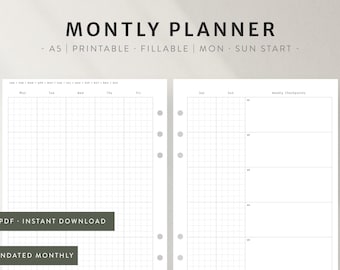 Minimal Monthly Planner | Undated Printable Calendar PDF | Clean Simple Layout | Modern Desk Planner | A5 A4 Letter Size | Monthly Goals