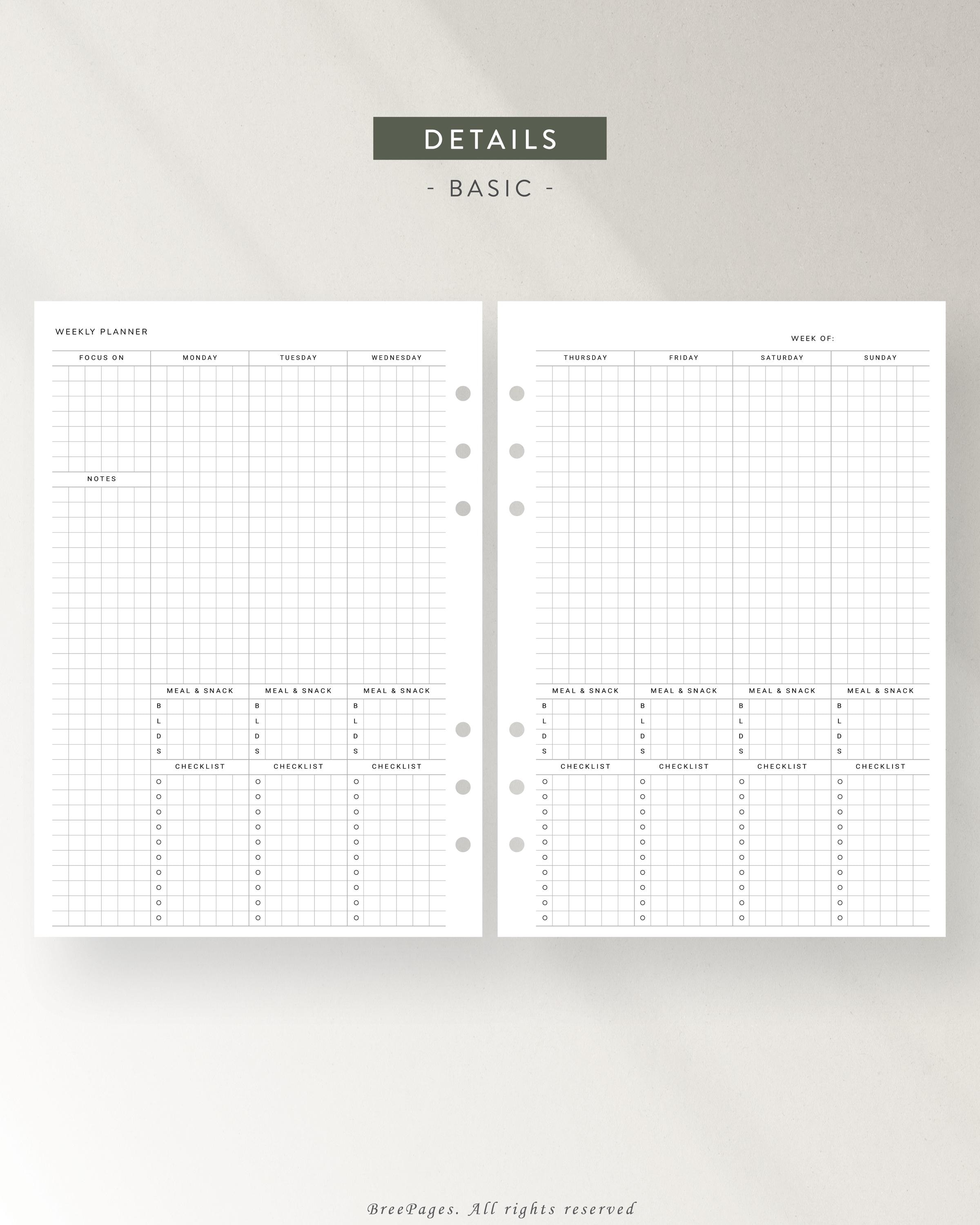 Undated Weekly Planner | A5 Printable Inserts | Week at a Glance ...