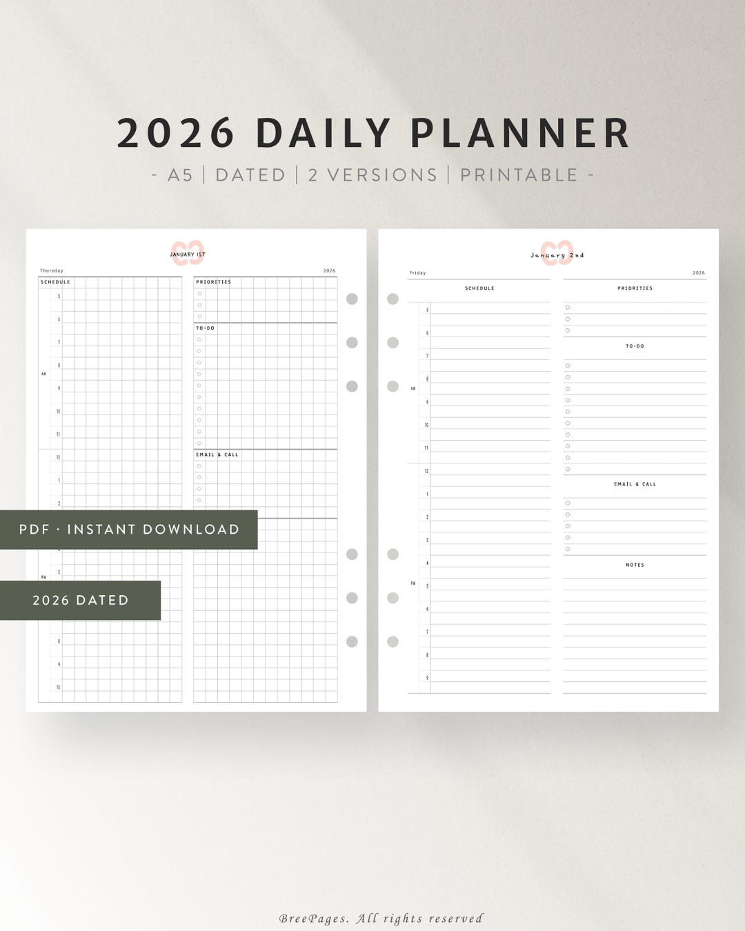 2026 Printable Daily Planner | A5 Dated Hourly Schedule | One Page per ...