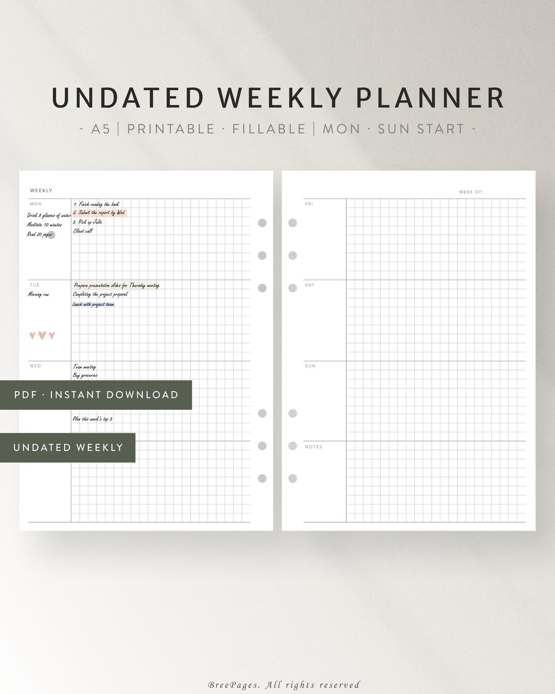 Undated Weekly Planner Printable | Fillable PDF | Grid Layout | Minimal ...