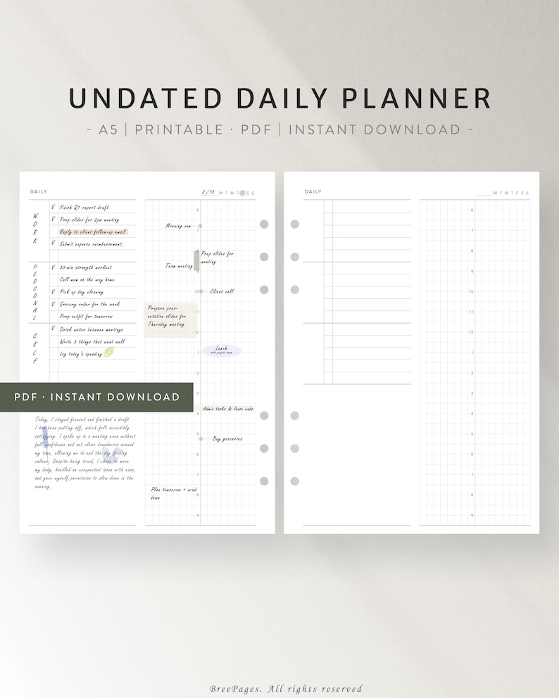Printable Daily Planner A5 | Time Blocking Schedule 6am–9pm | Minimal ...
