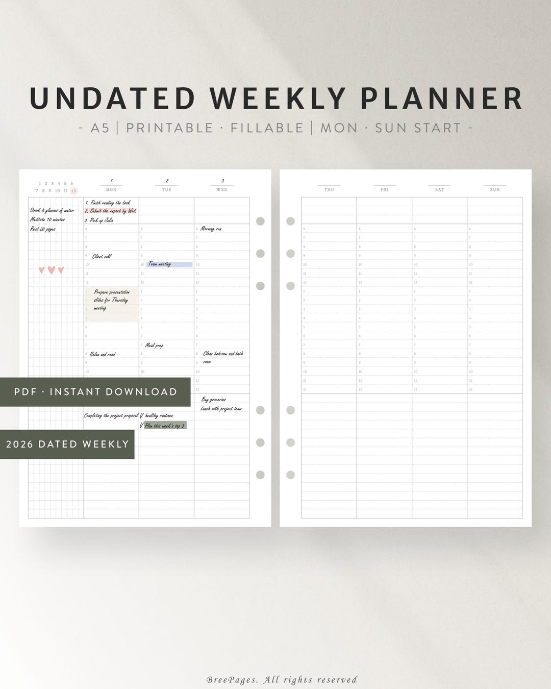 Undated Weekly Planner PDF | A5 Ring Planner Inserts | Printable Weekly ...