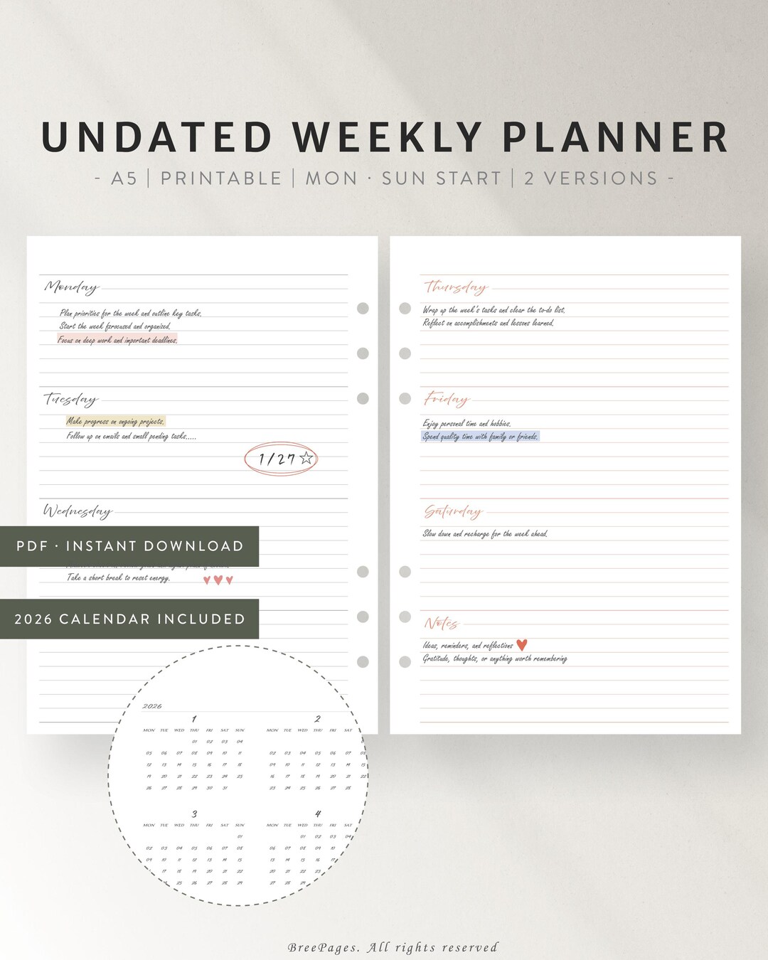 Undated Weekly Planner Printable | A5 Minimalist Journal (PDF Pattern ...