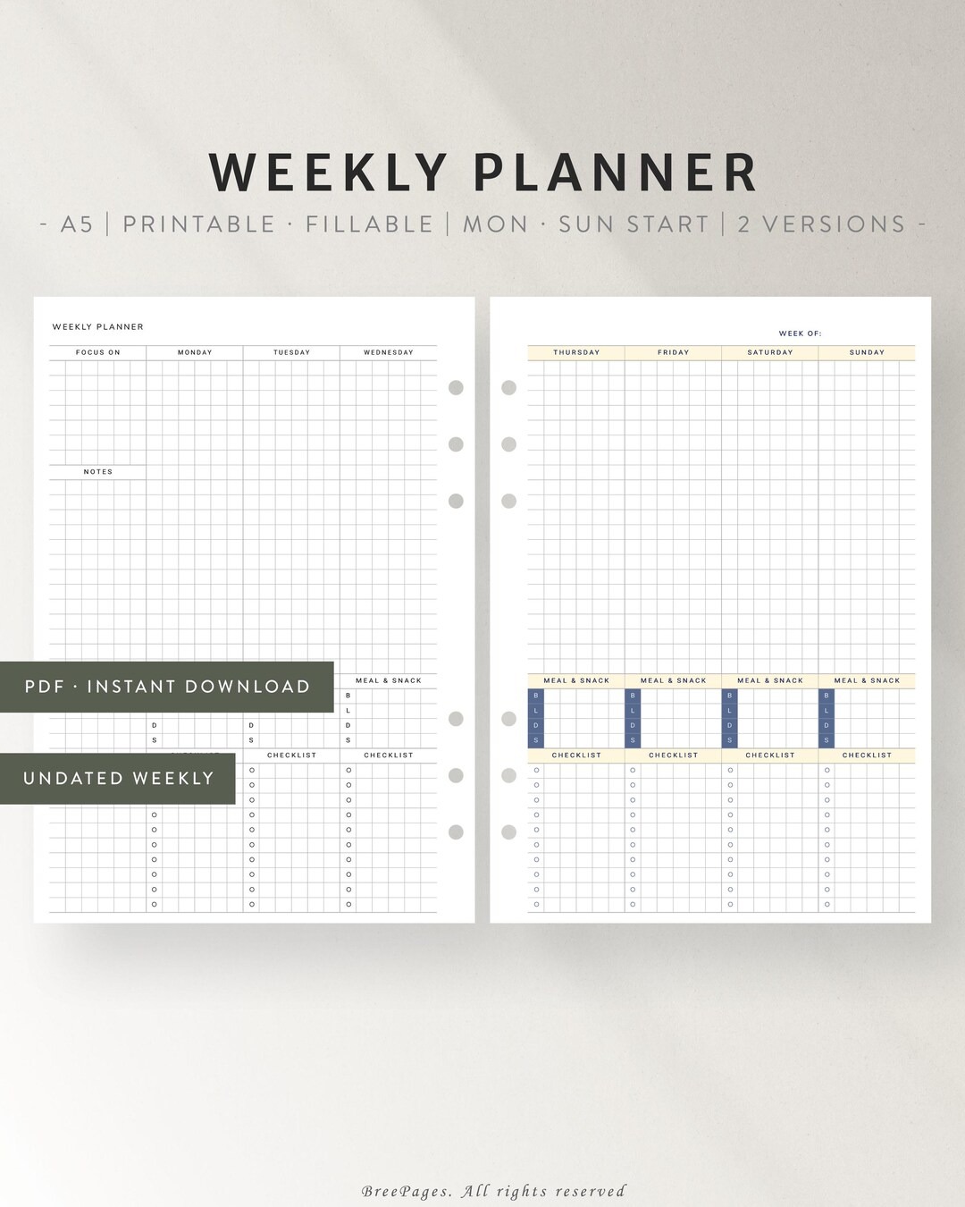 Undated Weekly Planner | A5 Printable Inserts | Week at a Glance ...