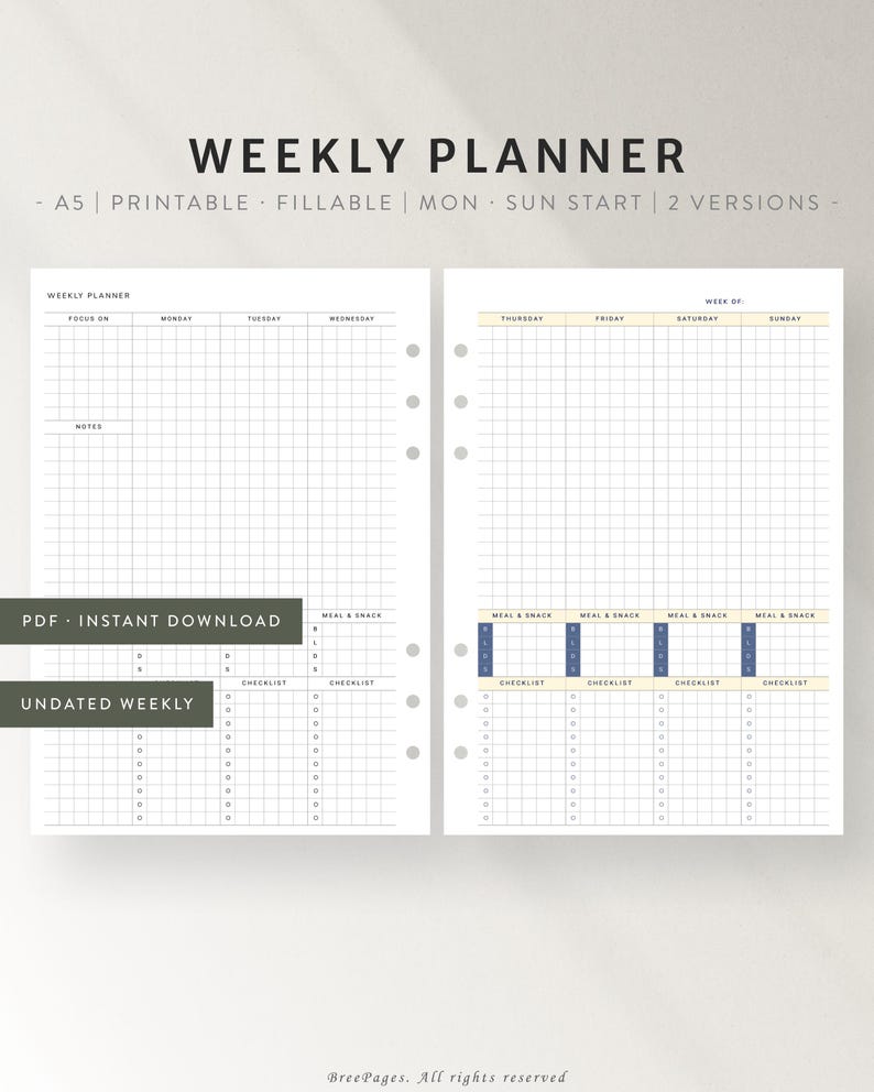 Undated Weekly Planner | A5 Printable Inserts | Week at a Glance ...