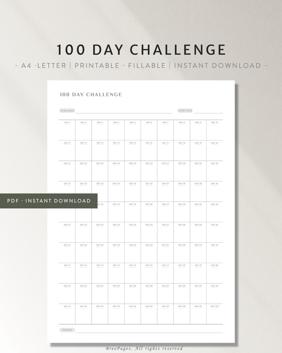 100 Day Goal Challenge Printable | 100 Day Habit Tracker | Minimal ...