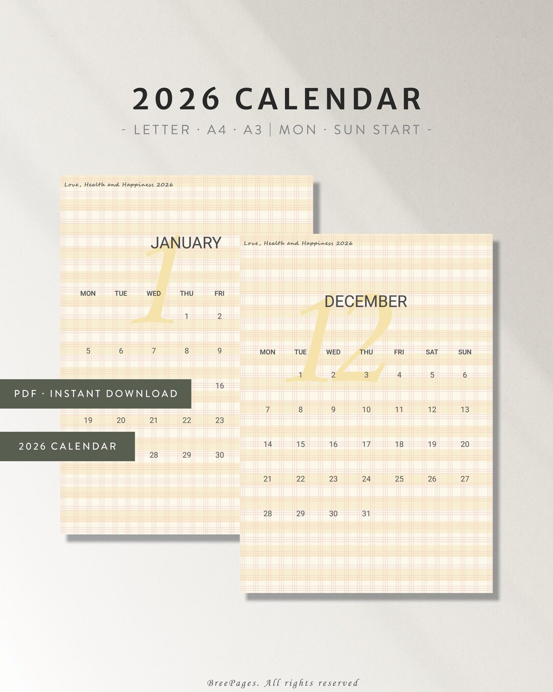 Kalender 2026 zum Ausdrucken | Große Wand PDF | Gemütlicher neutraler